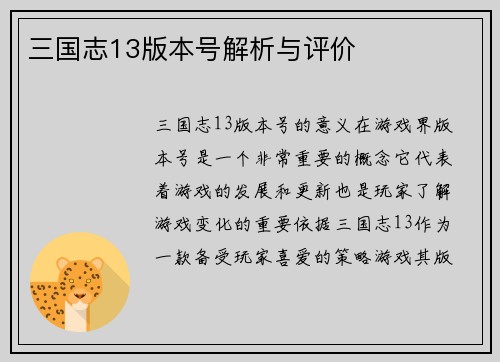 三国志13版本号解析与评价